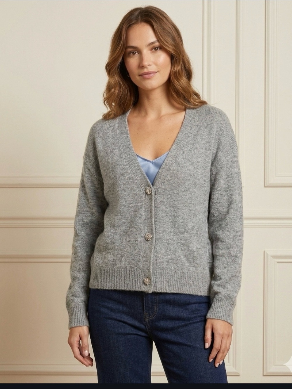Jeweled Button Cardigan Sweater Heather Gray